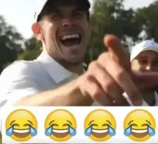 Man laughing and pointing at the camera outdoors, with another person in the background; four laughing emoji stickers across the bottom of the image.