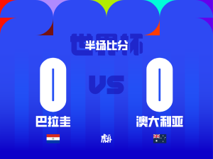 Halftime score 0-0: Paraguay (巴拉圭) vs Australia (澳大利亚) with their flags on a blue background.