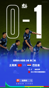 World Cup group D poster with blue-clad players celebrating and a large white 0–1 score behind them, plus Chinese captions for Turkey vs Paraguay.