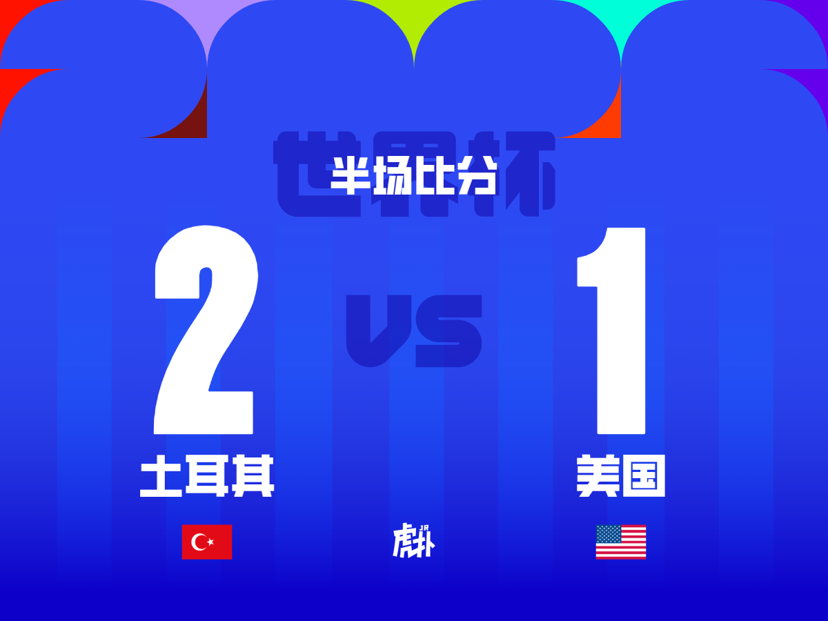 Halftime scoreboard: Turkey 2, United States 1, with country flags and Chinese labels.