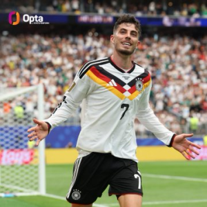 German national team footballer wearing jersey number 7 celebrates with arms outstretched on the field.