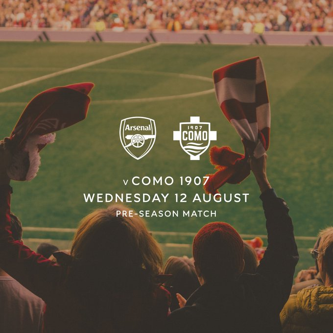 Graphic announcing Arsenal vs Como 1907 pre-season match on Wednesday 12 August, with team logos and crowd background.