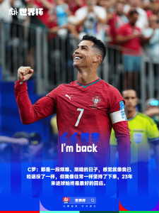 Cristiano Ronaldo in Portugal red jersey with number 7, fist raised in celebration on a stadium field; caption says "I'm back" with cheering crowd behind.