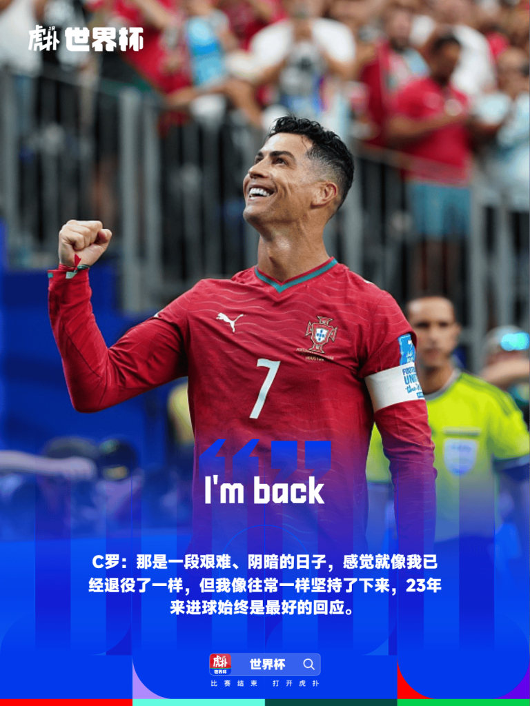 Cristiano Ronaldo in Portugal red jersey with number 7, fist raised in celebration on a stadium field; caption says "I'm back" with cheering crowd behind.