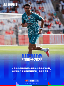 Portuguese footballer Ronaldo running on the field with a blue gradient banner reading 2006–2026 and Chinese World Cup text above.