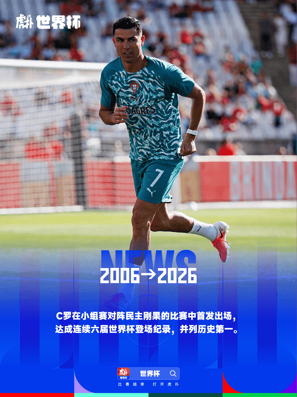 Portuguese footballer Ronaldo running on the field with a blue gradient banner reading 2006–2026 and Chinese World Cup text above.