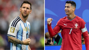 Two male soccer players celebrating on a split screen: left in an Argentina-style light-blue/white jersey, right in a red Portugal-style jersey with number 7.