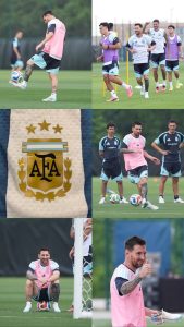 Soccer player in a pink bib kicks a ball on a green training field at practice.