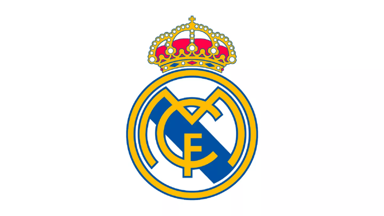 Real Madrid football club crest with a gold crown atop a circular emblem and a blue diagonal band with MCF initials.