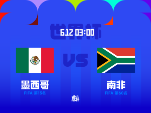 Blue background with two national flags (Mexico and South Africa) and white Chinese text indicating FIFA rankings, with bold countdown-like numbers in the center.