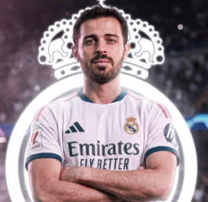 Soccer player in a Real Madrid jersey with arms crossed, neon circular backdrop behind him.