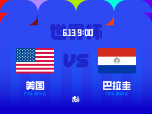 Blue banner featuring large overlapping shapes and the US flag on the left, with Chinese text and a Paraguay flag on the right, suggesting FIFA ranking graphics.