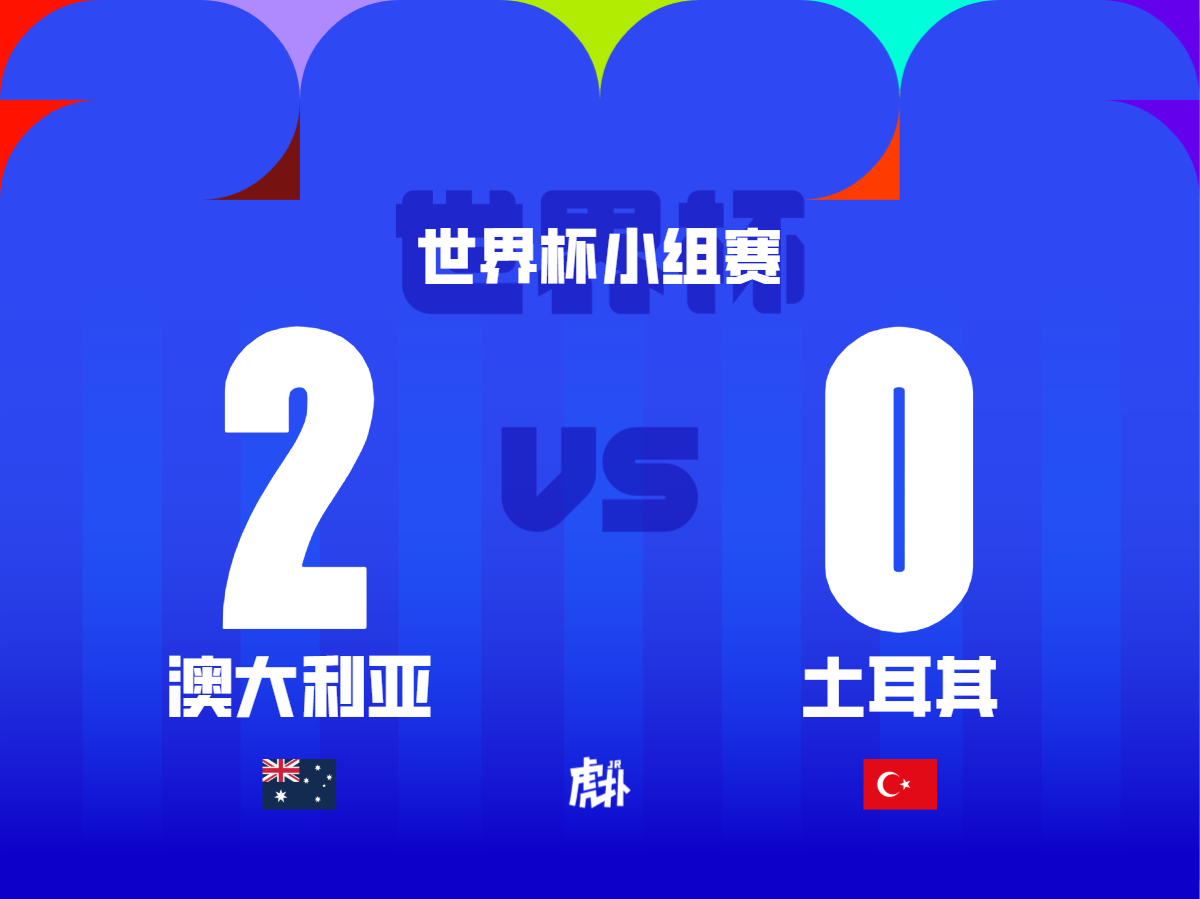 hupu-football-1781425308515-ayx-0png - AYX Sports Hub World Cup group stage scoreboard: Australia 2, Turkey 0, with country flags beneath.