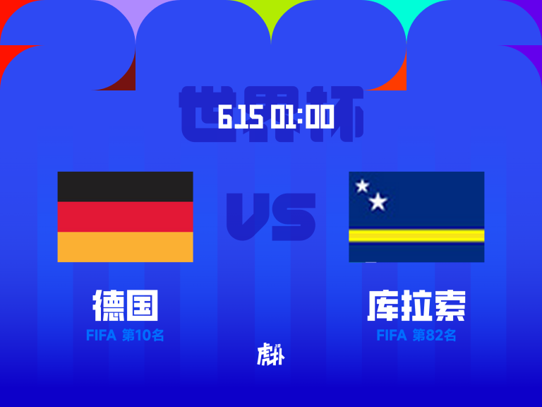 Infographic showing FIFA rankings with flags: Germany (Germany flag) and Curaçao (Curaçao flag) and Chinese captions; Germany is listed as 10th, Curaçao as 82nd on a blue background.