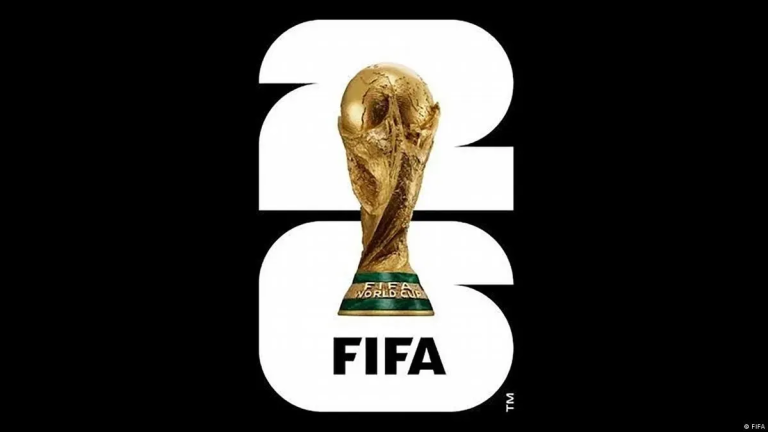 White 2023 numerals with a gold FIFA World Cup trophy centered on a black background, FIFA logo at bottom behing the trophy
