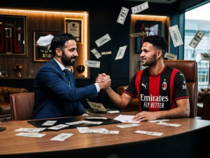 Two men seal a deal with a handshake across a desk while dollar bills flutter around in a modern office setting.