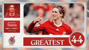 Collage poster celebrating Liverpool's greatest Fernando Torres (#44) with his stats (142 apps, 81 goals) 2007–2011 and the LFC crest.