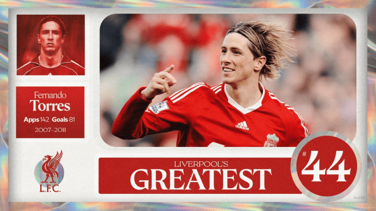 Collage poster celebrating Liverpool's greatest Fernando Torres (#44) with his stats (142 apps, 81 goals) 2007–2011 and the LFC crest.