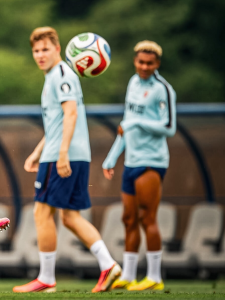 Two soccer players in light blue training kits on a field, ball midair between them as they watch it fly by.