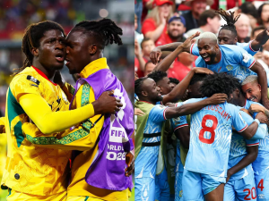 Split-screen of soccer players celebrating: left side shows two players in yellow embracing, right side shows a blue-clad team celebrating amid a cheering crowd.