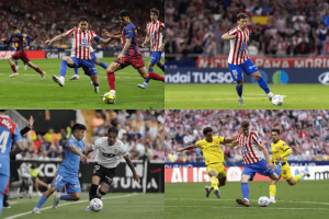 Four-panel collage of soccer action: players in red-and-white striped kits and blue kits contest the ball in different moments on a packed stadium field.