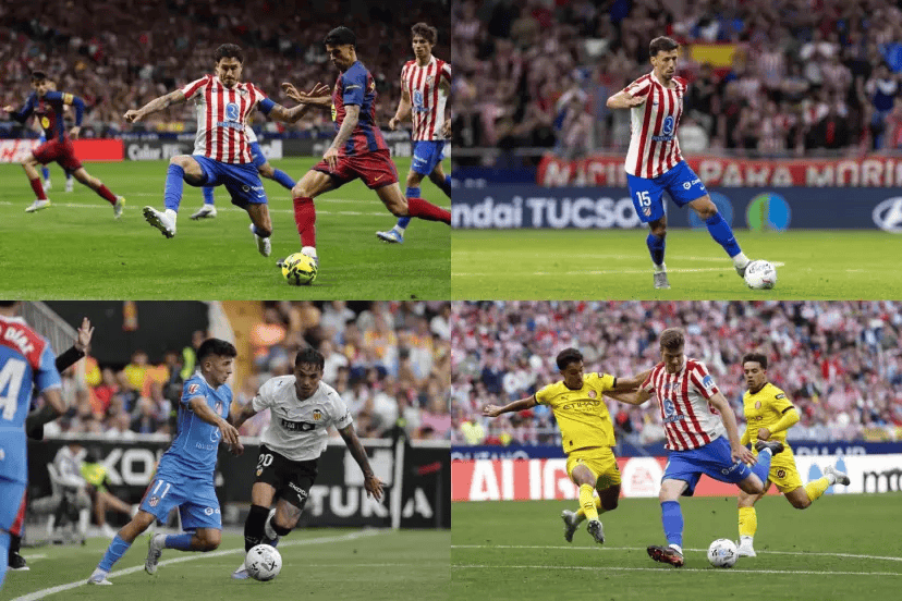Four-panel collage of soccer action: players in red-and-white striped kits and blue kits contest the ball in different moments on a packed stadium field.