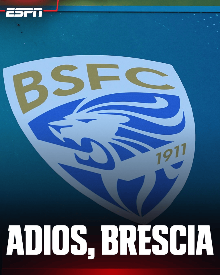 ESPN logo in the corner; Brescia Calcio shield with BSC letters and 1911; bold caption 'ADIOS, BRESCIA' at the bottom.