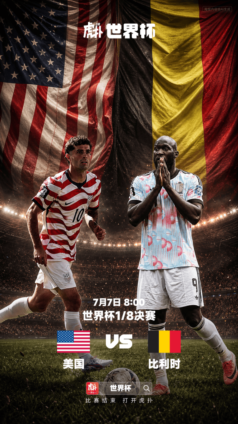 World Cup 1/8 final poster: USA vs Belgium, two soccer players under national flags with match details in Chinese, stadium backdrop.