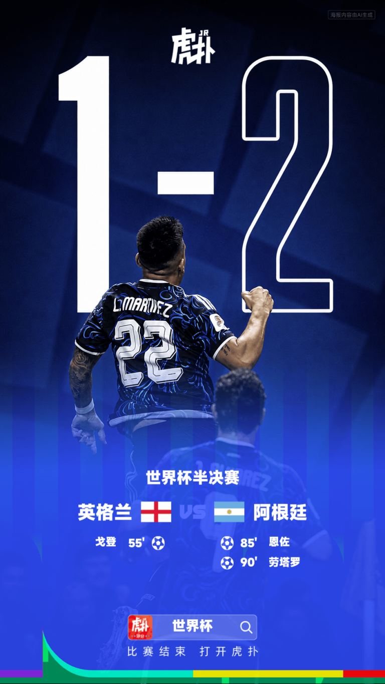 World Cup semifinal poster featuring a blue Argentina jersey (L. Martinez, number 22) from behind, with large '1-2' and England vs Argentina, plus match details in Chinese