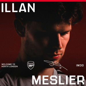 Promotional poster of Illan Meslier with autograph, Arsenal crest, and 'Welcome to North London' text.