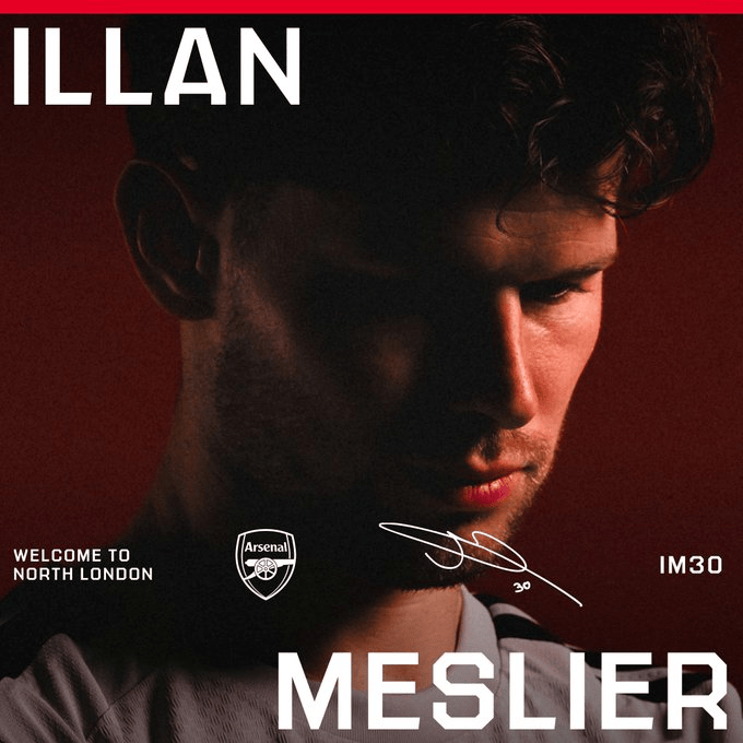 Promotional poster of Illan Meslier with autograph, Arsenal crest, and 'Welcome to North London' text.