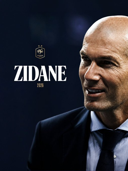 Political campaign poster with a bald man in a suit, 'ZIDANE 2026' text and a France emblem.