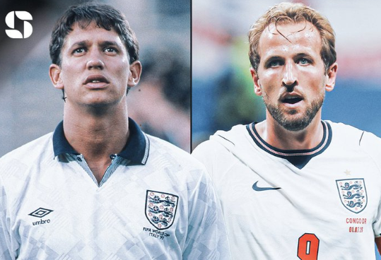 Split photo of two England footballers in white shirts facing forward; left has dark hair, right has blond hair, England crest visible on both shirts (logo in top-left).