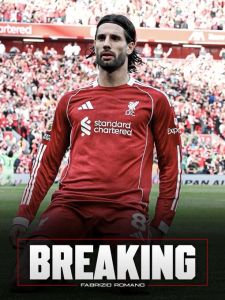 Liverpool player in red kit on a crowded stadium field with a bold 'BREAKING' banner at the bottom, Fabrizio Romano credit visible.