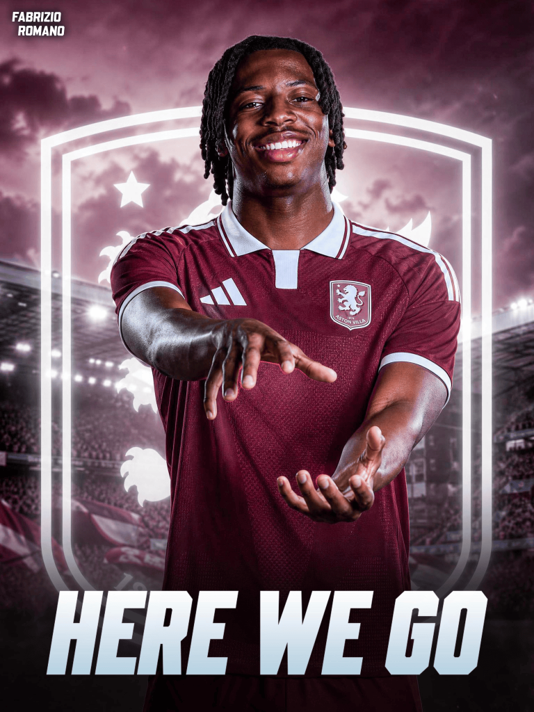 Footballer in a maroon jersey with arms extended, neon stadium backdrop, and 'HERE WE GO' text at the bottom