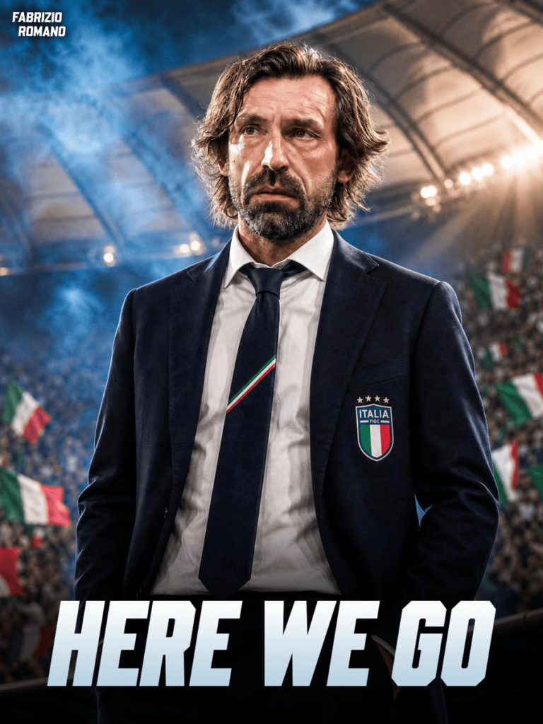 Male sports figure in a dark suit with an Italy crest stands on a stadium field, with 'HERE WE GO' text at the bottom and a cheering crowd in the background.