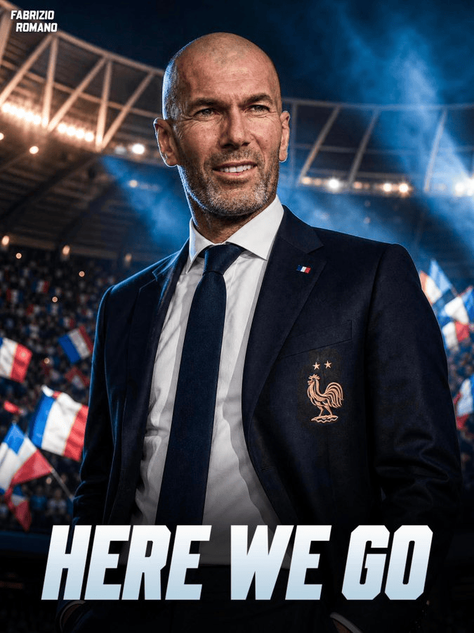 Promotional photo of a bald man in a navy suit with a French rooster emblem, standing in a stadium with flags; caption reads 'HERE WE GO'.
