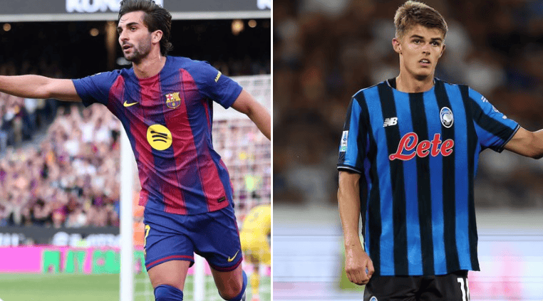 Two soccer players in action side by side: left is a Barcelona forward in blue-red kit, right is an Atalanta player in blue-black stripes with Lete sponsor.