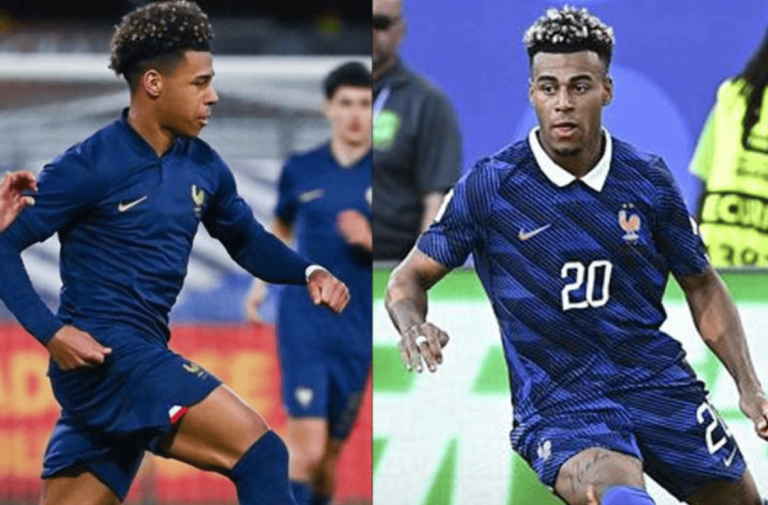 Split image of two football players in blue France training kits: left player mid-run in navy jersey, right player wearing number 20 with blond-tipped hair, running on the field.
