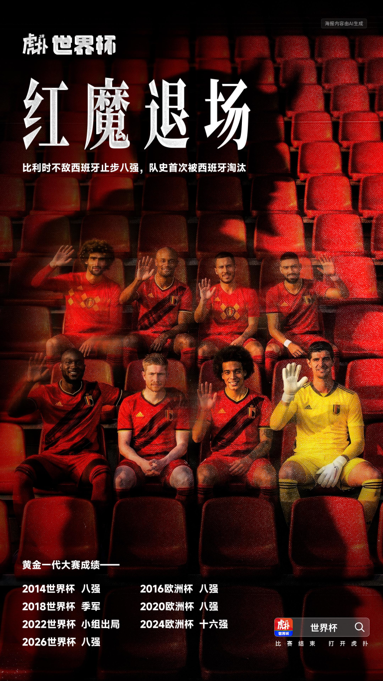 Belgian national soccer players in red jerseys sit in red stadium seats, waving at the camera; large white Chinese headline and a list of World Cup achievements
