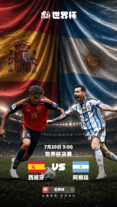 Soccer World Cup final poster with Spain and Argentina flags as a backdrop, two players in action chasing a ball, date and VS text visible.