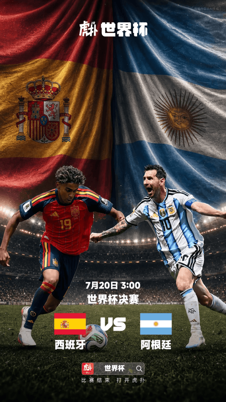 Soccer World Cup final poster with Spain and Argentina flags as a backdrop, two players in action chasing a ball, date and VS text visible.