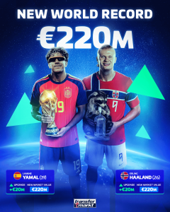 Two football players in red kits pose with trophies on a blue, space-themed poster reading 'New World Record €220M' above them.