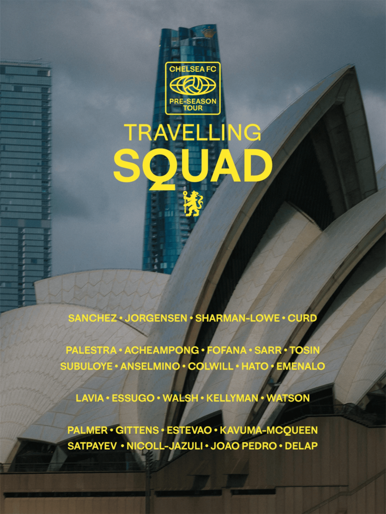 Chelsea FC travelling squad poster on a city building with yellow text and team logo against a modern architectural backdrop (pre-season tour).