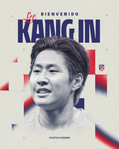 Poster-style welcome graphic for Lee Kang-in joining Atlético Madrid, featuring a grayscale portrait of the player with red/blue geometric accents and the text 'Lee', 'Bienvenido', and 'KANG IN'