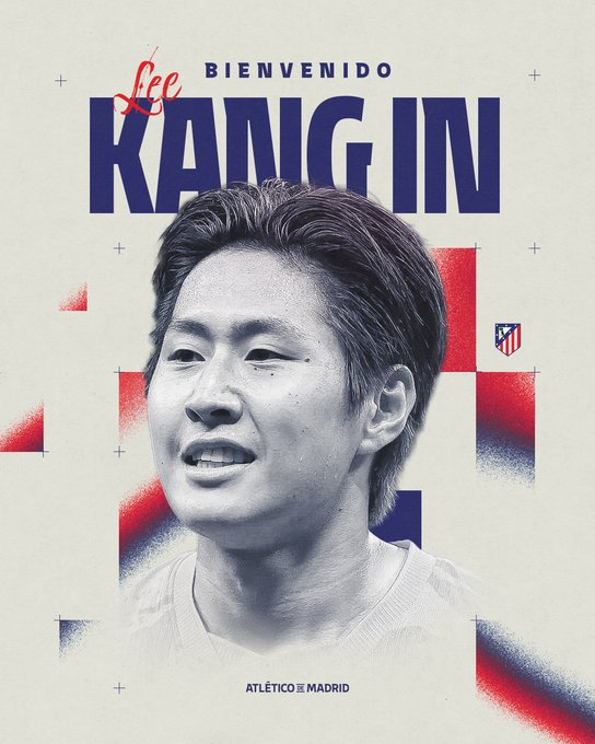 Poster-style welcome graphic for Lee Kang-in joining Atlético Madrid, featuring a grayscale portrait of the player with red/blue geometric accents and the text 'Lee', 'Bienvenido', and 'KANG IN'