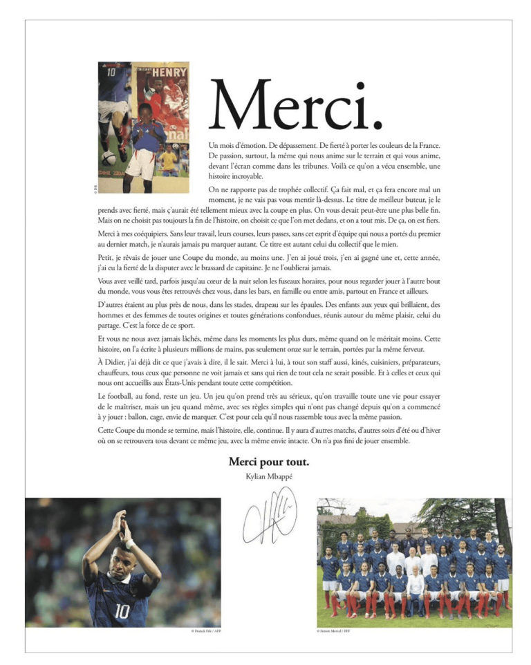Magazine-style page with a large 'Merci.' heading, French text block, left photo of a soccer player in a blue jersey with number 10, center signature, and right photo of a full soccer team posing on a field.