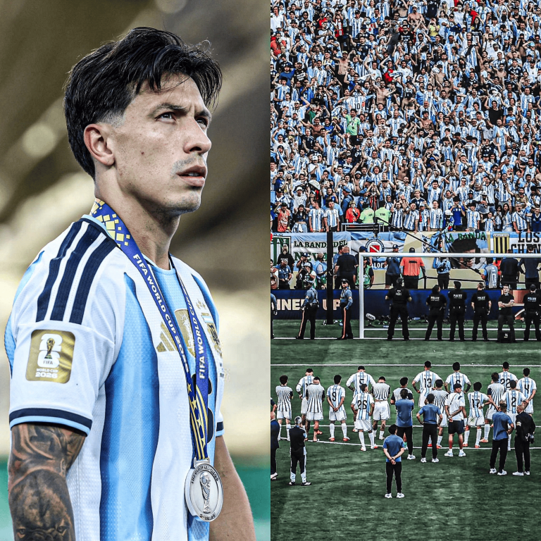 Close-up of a male footballer in an Argentina light-blue-and-white striped jersey with a World Cup badge, next to a packed stadium crowd in blue-and-white.