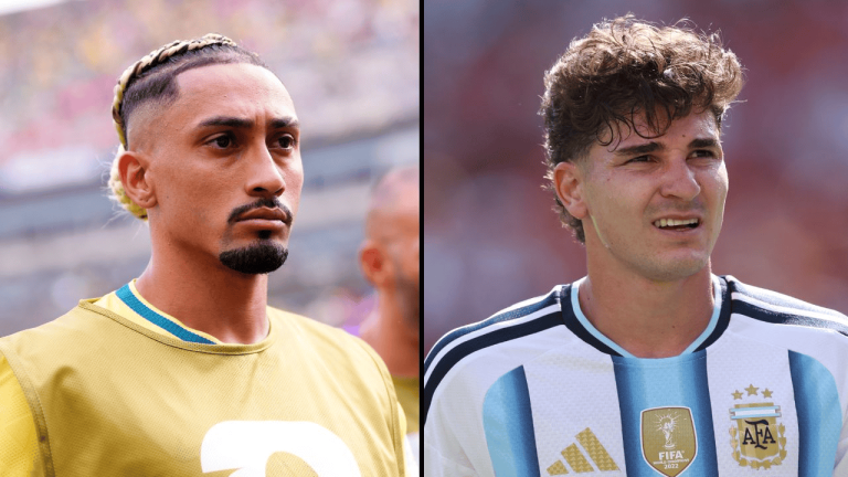 Split image of two footballers facing forward: left is a man in a yellow jersey, right is a man in Argentina national team kit.