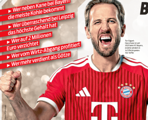 Collage of Bayern Munich's Harry Kane shouting, with bold red German headlines about his transfer and salary.